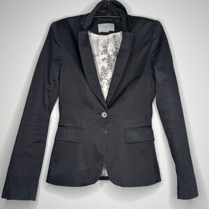Black Blazer Cotton Blend Stretch Size 2 XS Lined Pockets Fitted Tailored Petite